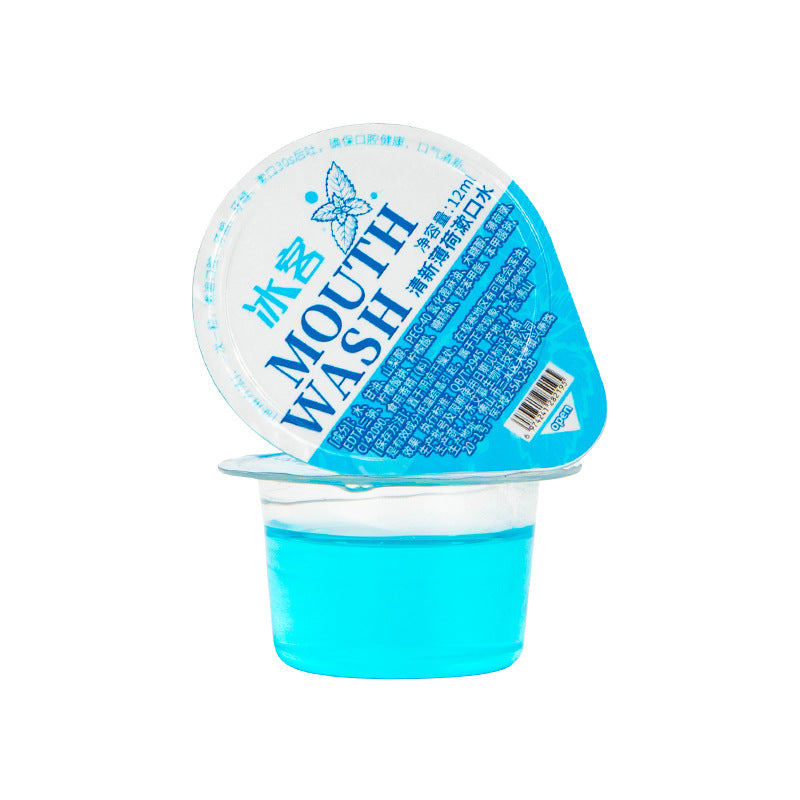 Single turquoise mouthwash jelly cup with branded lid and clearly visible bright blue liquid inside