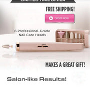 Rose-gold electric nail device with 6 interchangeable heads displayed in storage case, limited-time offer banner with free shipping and order button