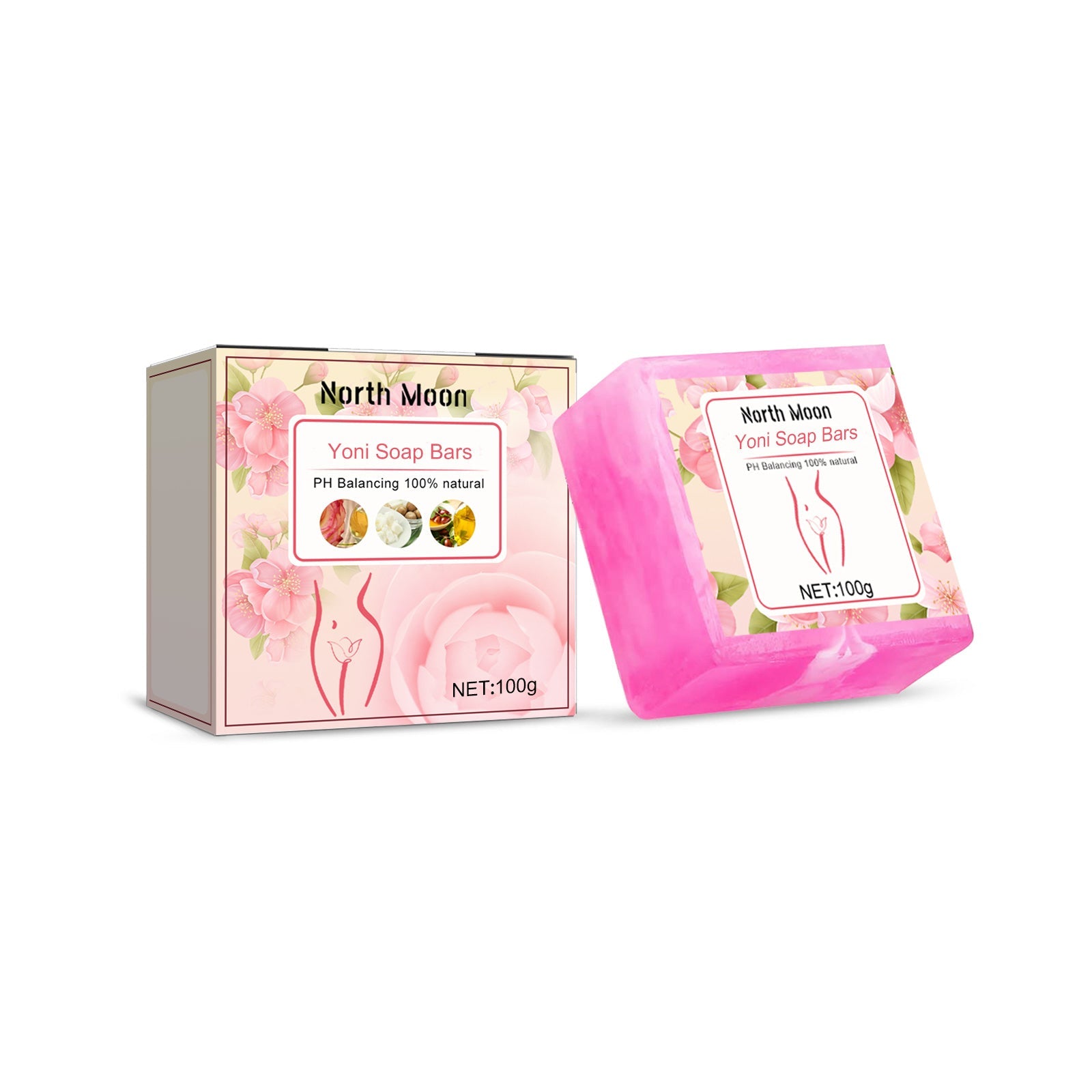 North Moon Yoni Soap Bars packaging showing product box and bright pink soap bar with floral botanical design