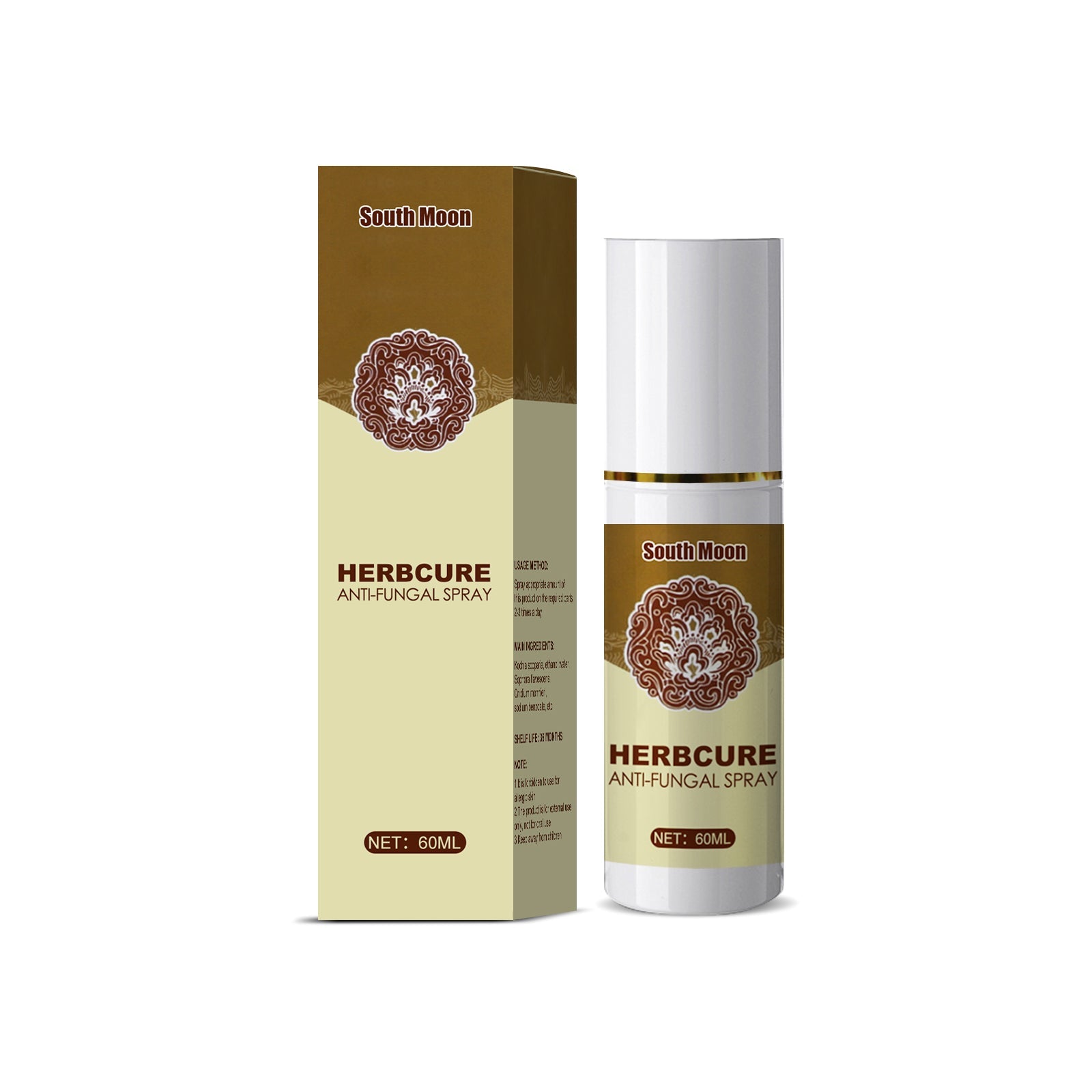 Product packaging and spray bottle against white background showing both cardboard box and white cylindrical spray container with gold band