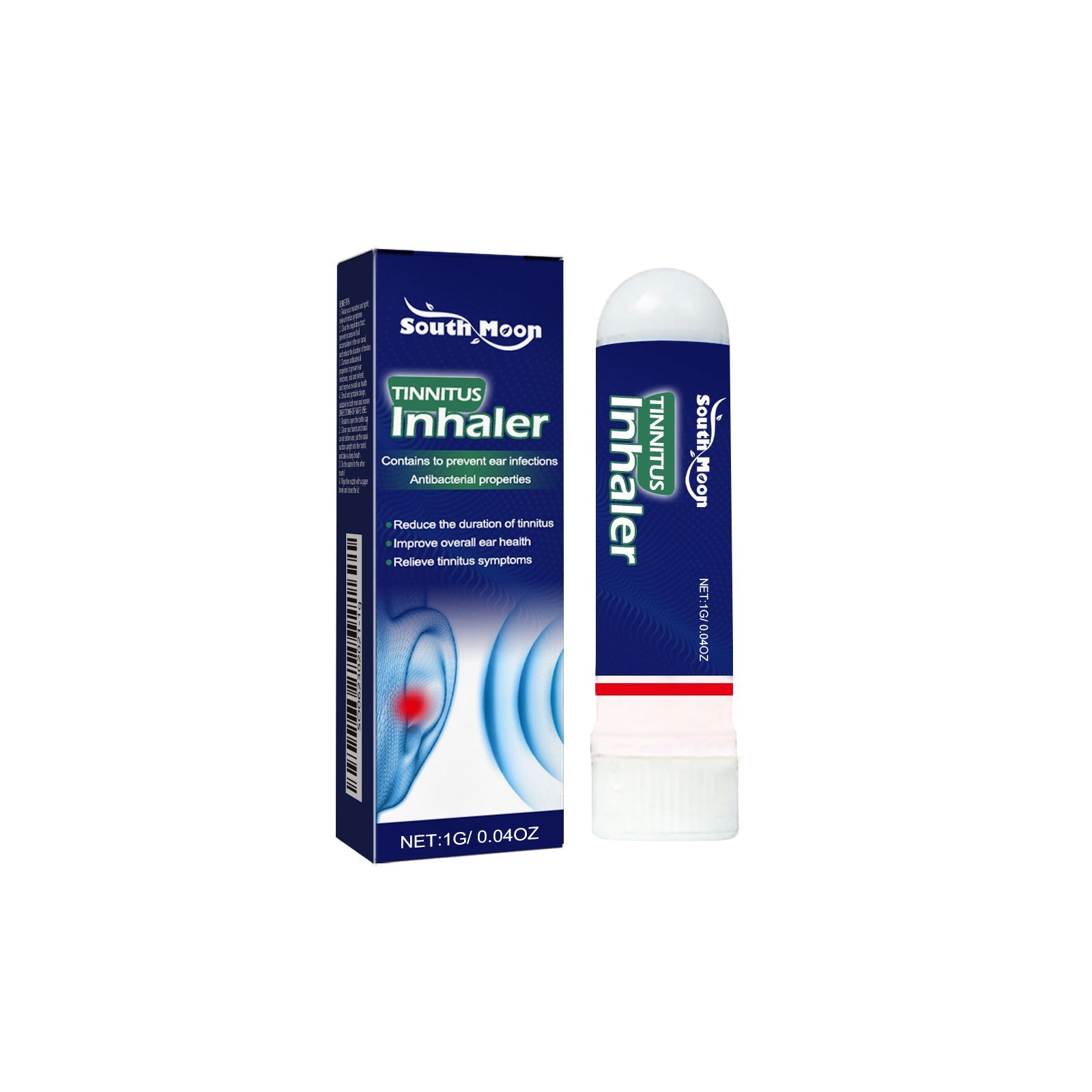 South Moon Tinnitus Inhaler product shot showing navy box and white/blue inhaler stick against clean background