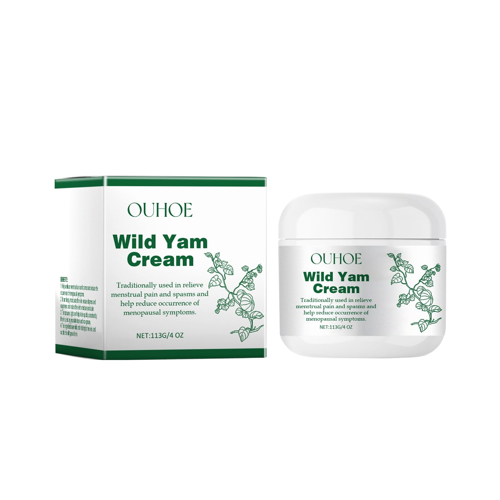Woman applying cream to abdominal area with ingredient showcase including wild yam root and aloe