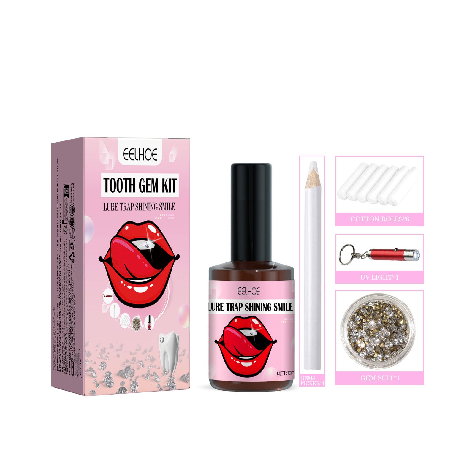 Complete Tooth Gem Kit packaging and contents spread: pink box with red lip logo, resin bottle, gems container, applicator pen, UV light, cotton rolls