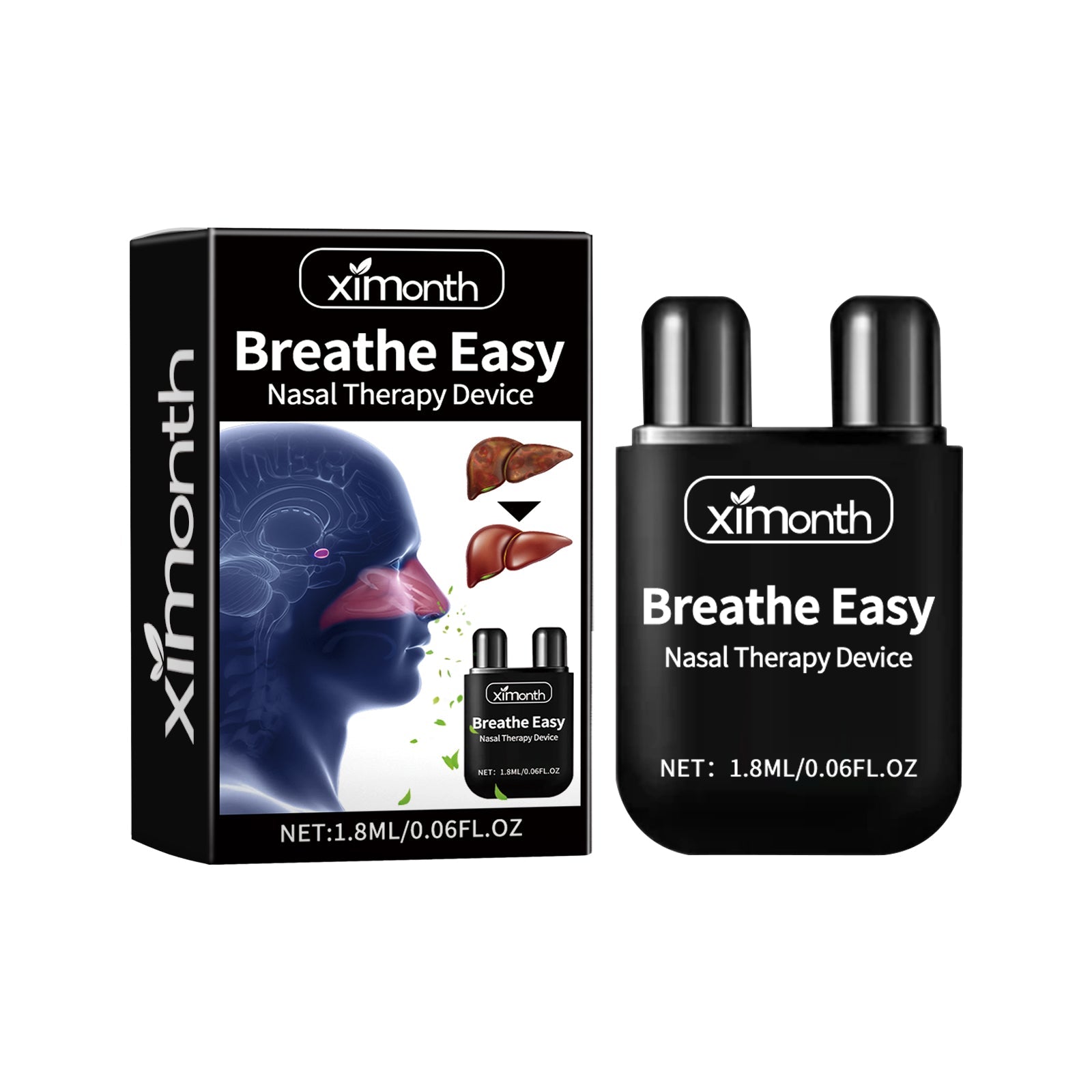Product packaging box and dual-chamber nasal therapy device displayed side by side on white background
