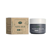 Product packaging and jar display - kraft cardboard box with botanical leaf design and dark navy glass jar with white lid showing WoodSleep Nerve Balm branding