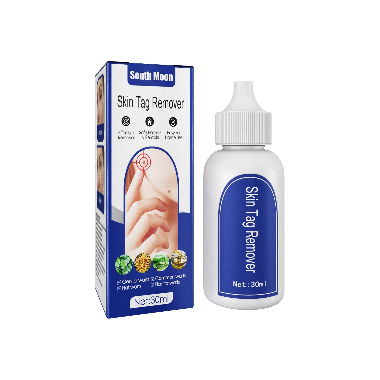 South Moon Skin Tag Remover product shot with packaging box and 30ml dropper bottle against white background