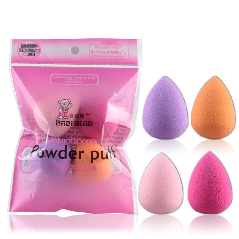 BABI BEAR powder puff 4-piece set in pink packaging showing teardrop and round sponges in purple, peach, light pink, and hot pink
