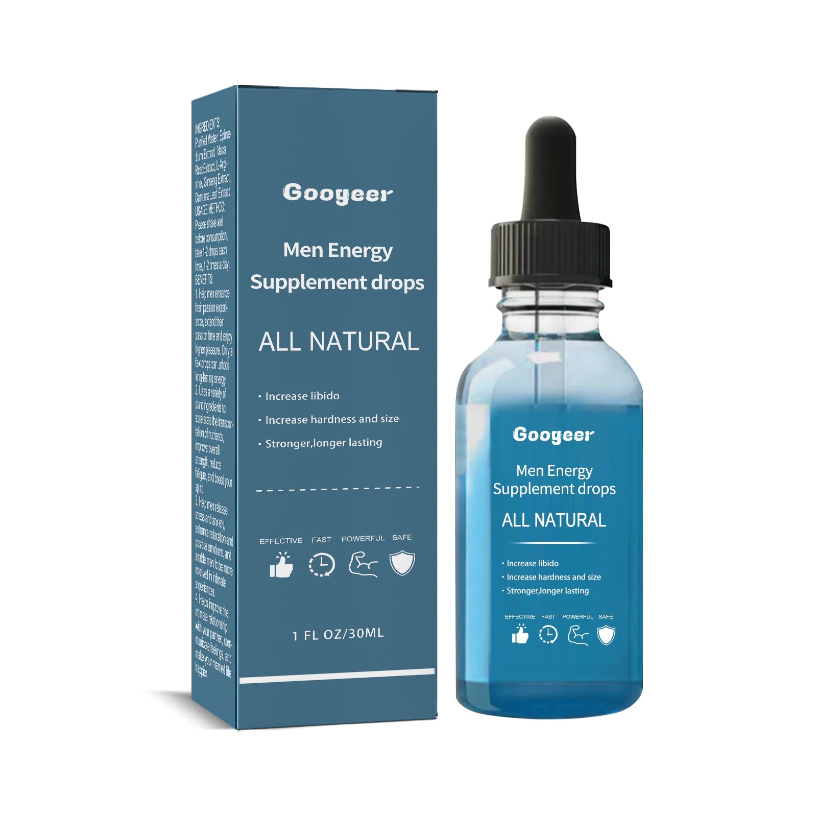 Product shot showing Googeer Men Energy Supplement drops bottle with matching blue box packaging, dropper cap visible