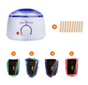 Pro-Wax200 electric wax heater pot with blue dome lid, control dial, and power indicator, displayed with wooden applicator sticks and four color-coordinated wax bead refills