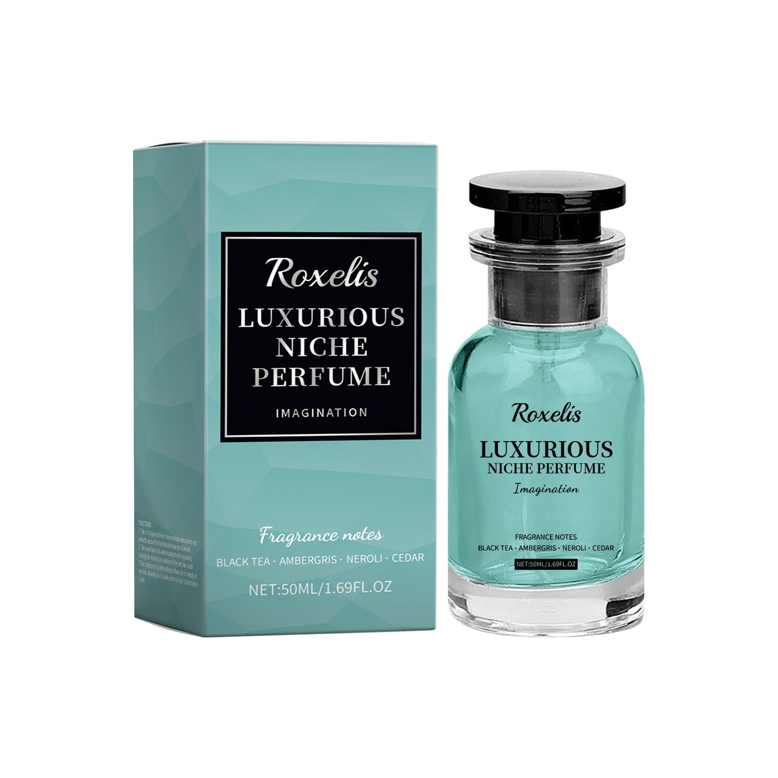 Product shot showing Roxelis Luxurious Niche Perfume bottle and turquoise packaging box side-by-side