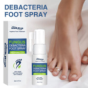 Debacteria Foot Spray product display with packaging box and spray bottle next to healthy feet without visible issues