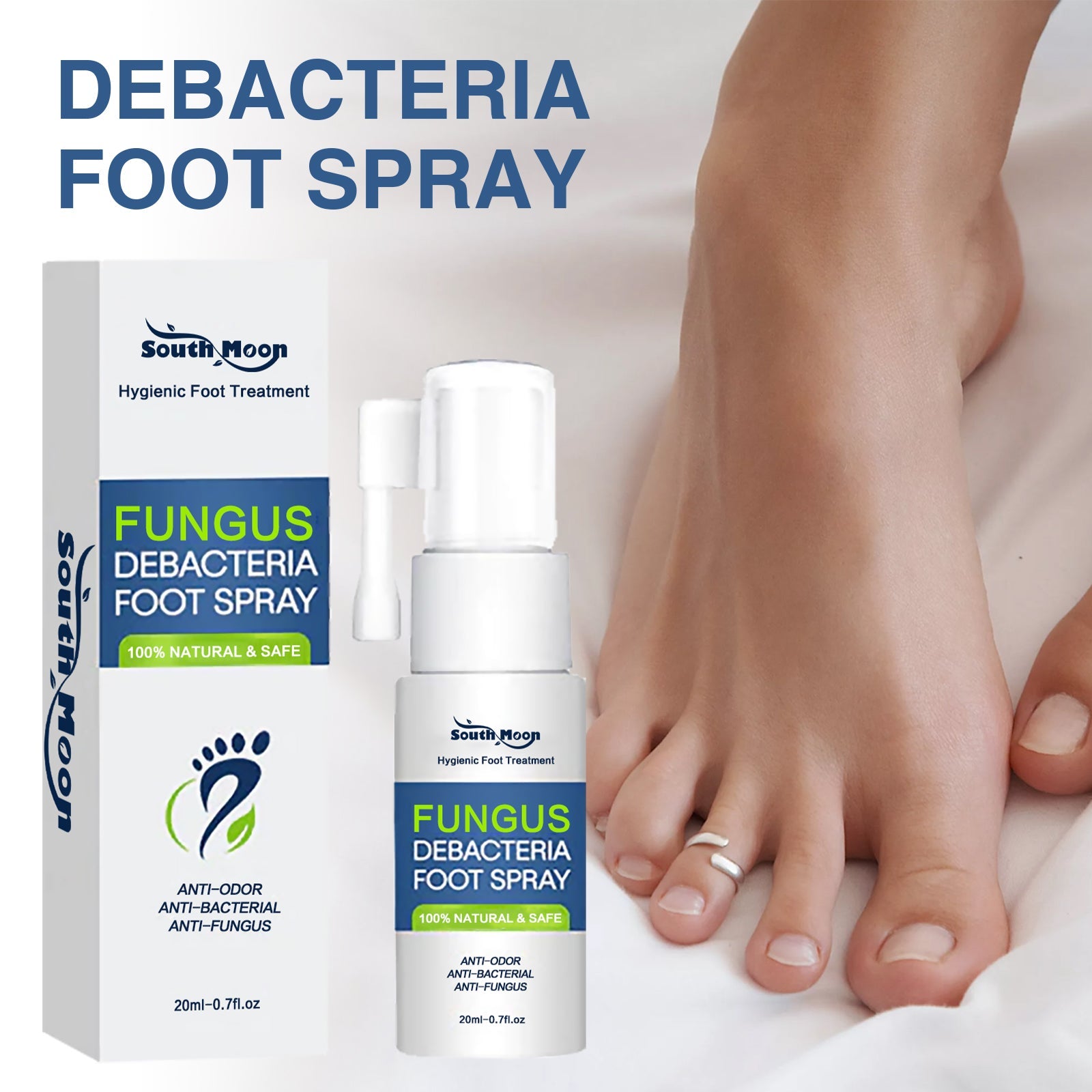 Debacteria Foot Spray product display with packaging box and spray bottle next to healthy feet without visible issues