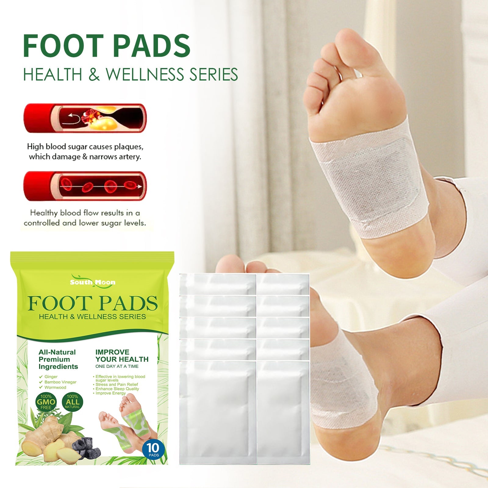 Full product lifestyle showing foot pads applied to both feet during nighttime use