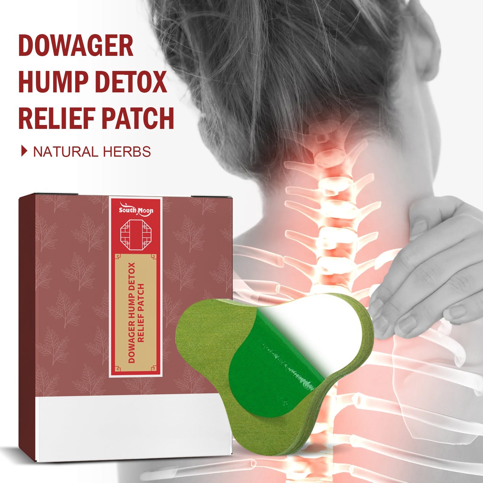 Dowager Hump Detox Relief Patch applied on person's neck with glowing anatomical spine visualization showing pain relief and detox activation