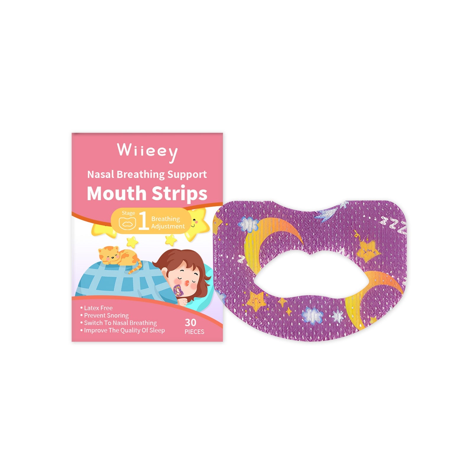 Wiieey mouth strip product box with Stage 2 strip variant showing intermediate breathing correction stage