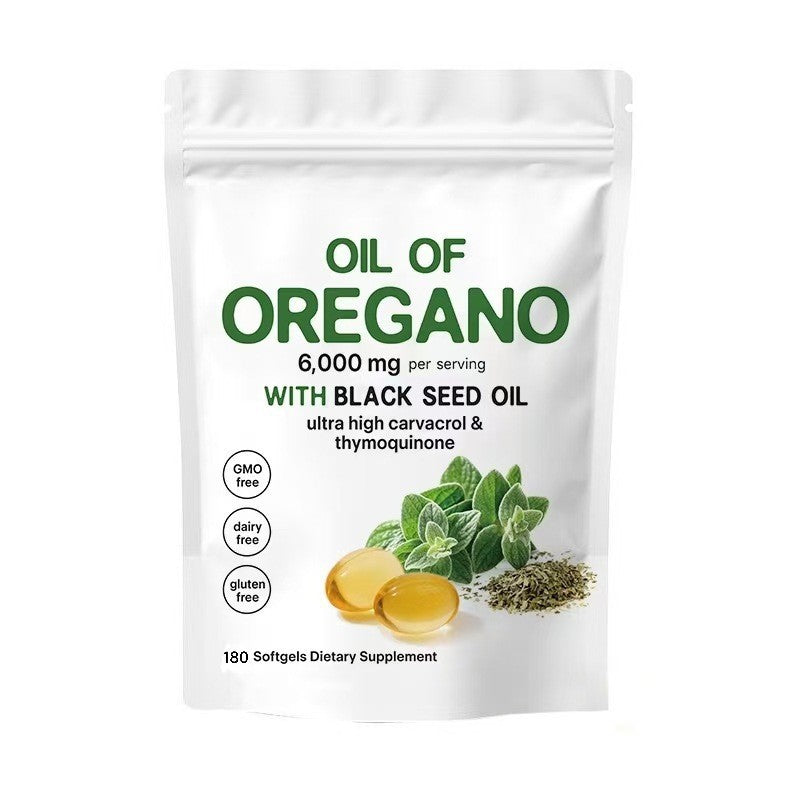 White stand-up pouch with bold green 'Oil of Oregano' branding, 6,000 mg dosage claim, and product imagery of oregano leaves and oil-filled softgels
