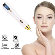 White laser pen with blue LCD display and gold-plated tip, shown alongside four feature icons highlighting reusable design, security, LCD display, and nine treatment patterns