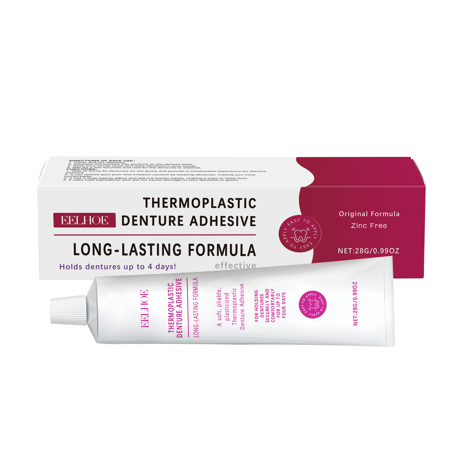 Product tube and box displayed at angle on textured pink background; messaging emphasizing easy application and removal