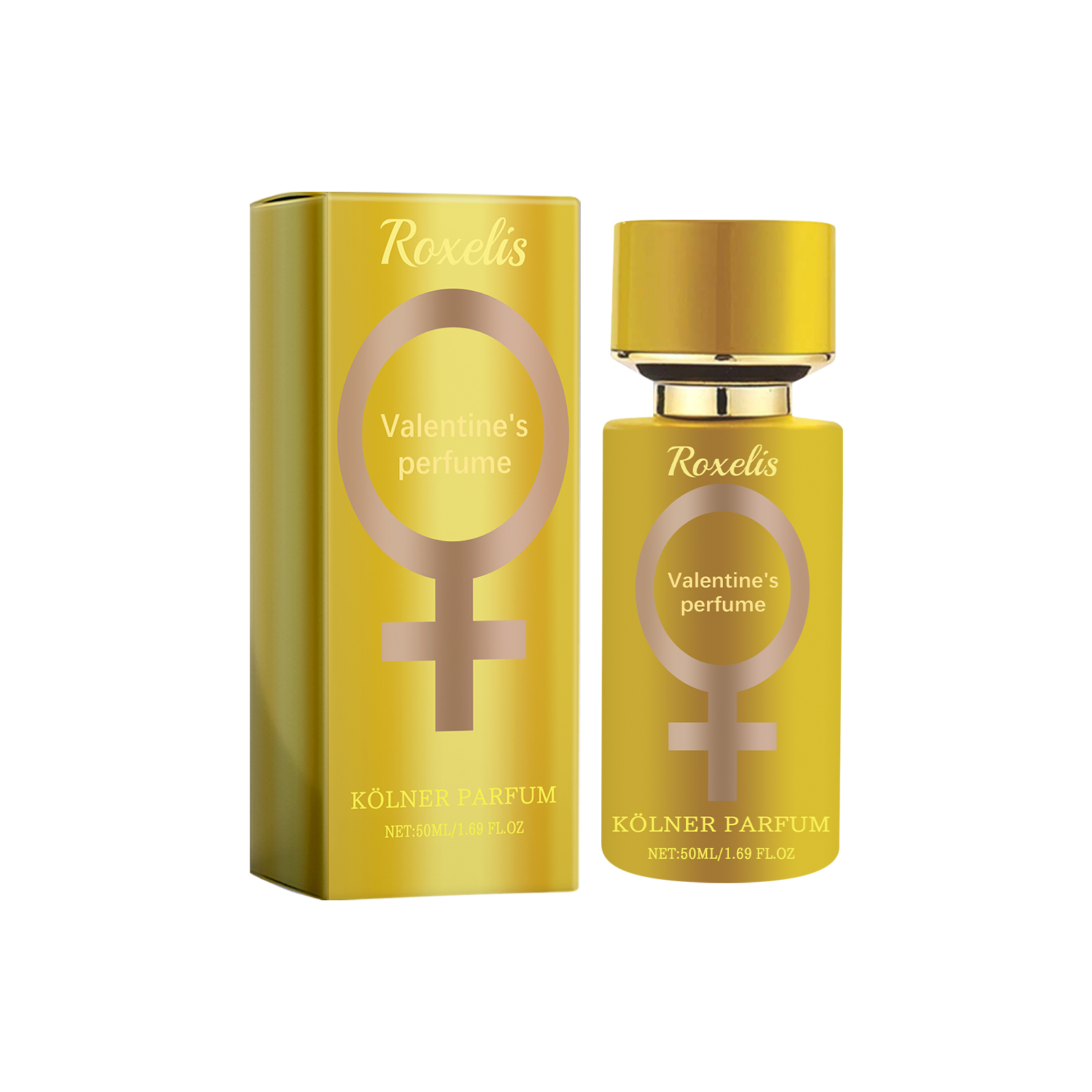 Roxelis Valentine's perfume bottle and matching box on white background showing elegant gold packaging design