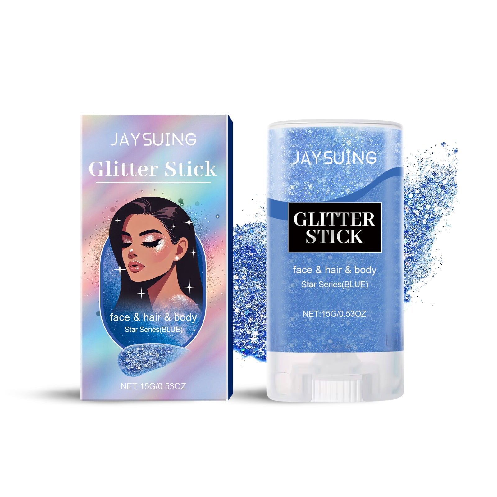 JAYSUING Glitter Stick packaging and product tube displayed side-by-side with pastel rainbow gradient box and blue glitter stick with white base