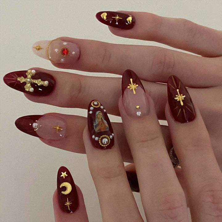 Press-On Nail Set with 3D Cross & Charm Art — Expressive