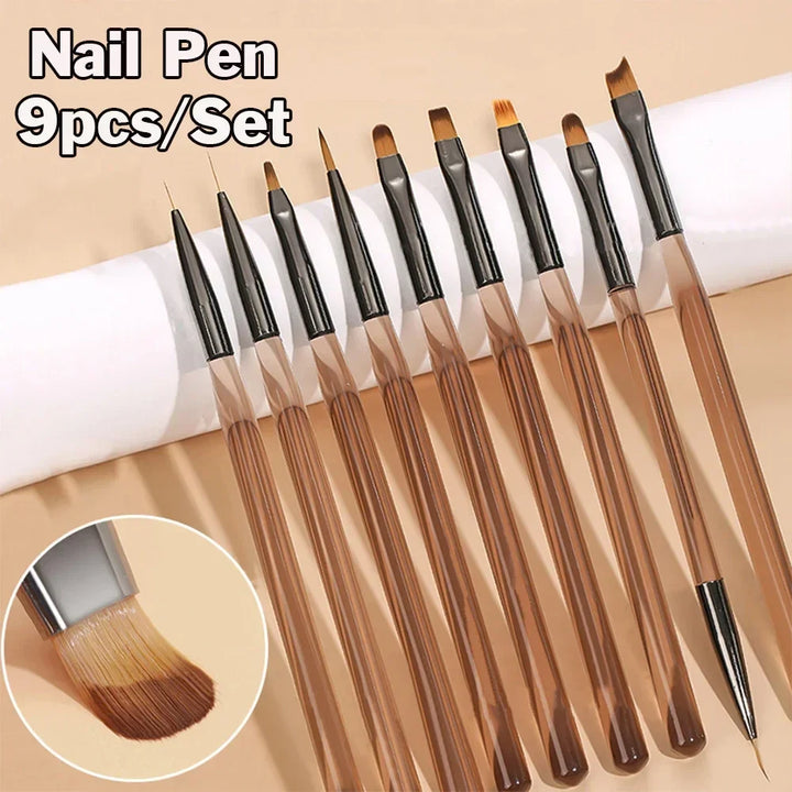 9-Pc Nail Art Brush Set for UV Gel — Liner, Flat, Round