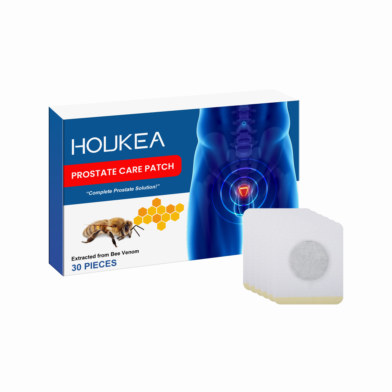 HOUKEA Prostate Care Patch product shot showing branded box with bee venom imagery and honeycomb graphics alongside individual white adhesive patch