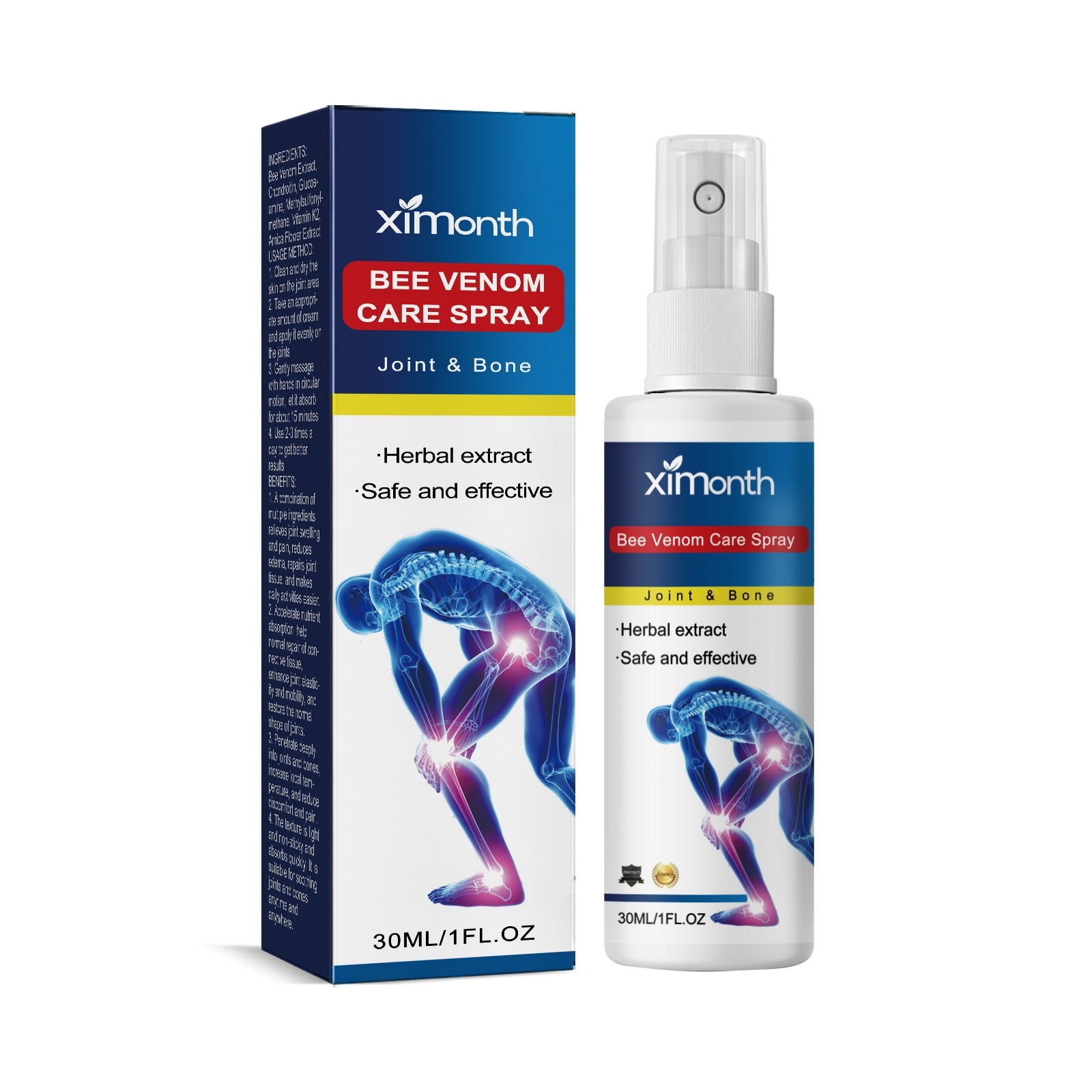 Product packaging and bottle displayed together showing Ximonth Bee Venom Care Spray with anatomical joint imagery