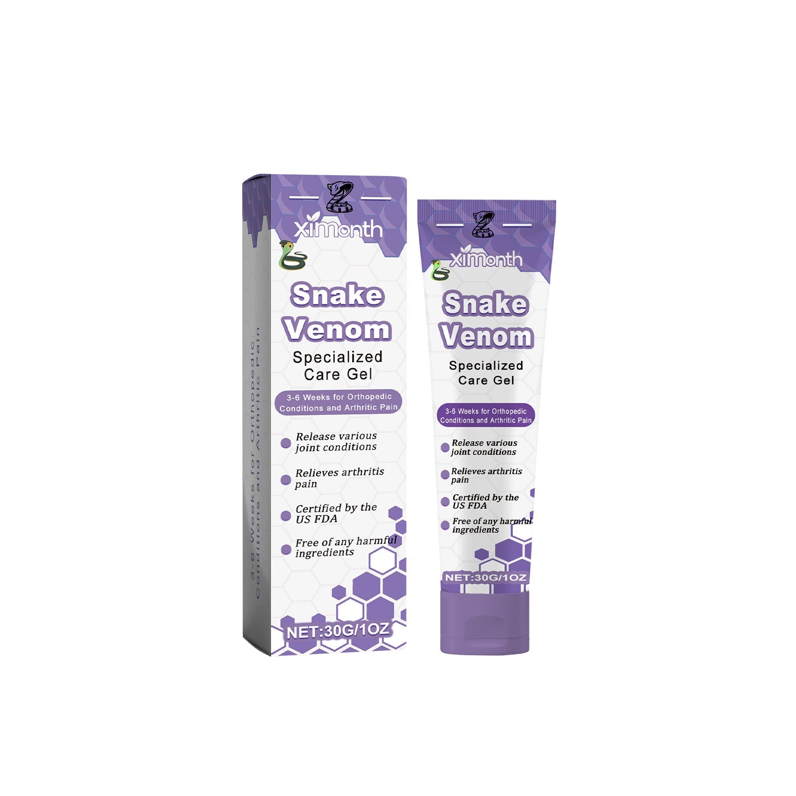 Man holding knee in pain relief gesture with product packaging on left side and gel texture/ingredient visualization above against purple background