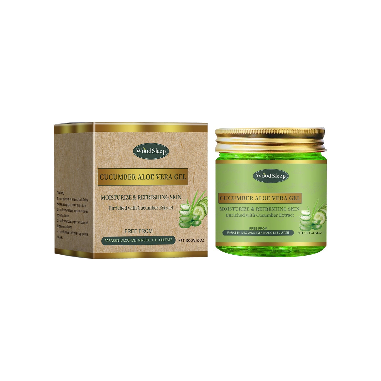 Product packaging and jar: WoodSleep Cucumber Aloe Vera Gel in kraft box and transparent glass jar with gold lid