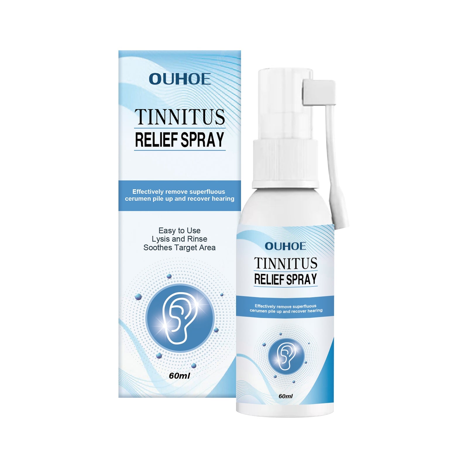OUHOE Tinnitus Relief Spray bottle and packaging displayed side-by-side showing product design