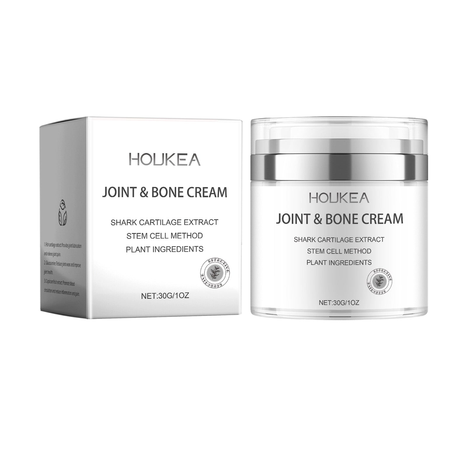 Product packaging and jar side-by-side display showing HOUKEA Joint & Bone Cream in frosted glass jar with silver chrome bands and minimalist white box