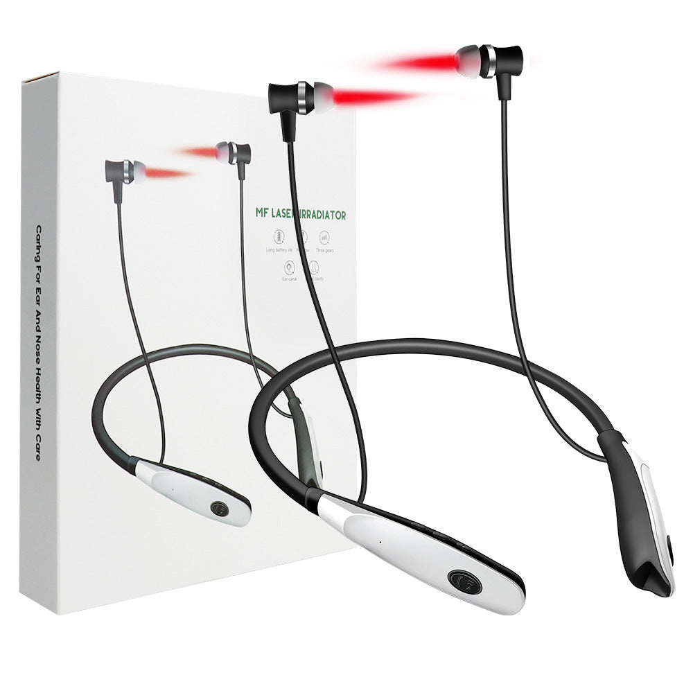 Product display showing three color variants of neck-mounted laser device with visible red laser beam emission and packaging box