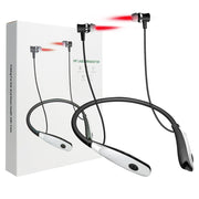 Product display showing three color variants of neck-mounted laser device with visible red laser beam emission and packaging box