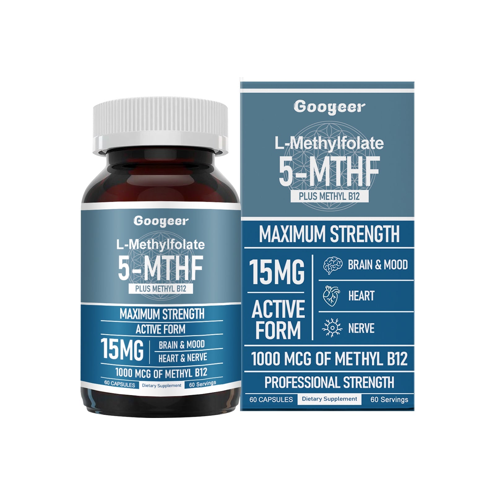 Googeer L-Methylfolate 5-MTHF supplement bottle and packaging box displayed side-by-side against white background