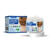 Product shot showing cream jar with white lid beside branded blue and light-blue box on white background