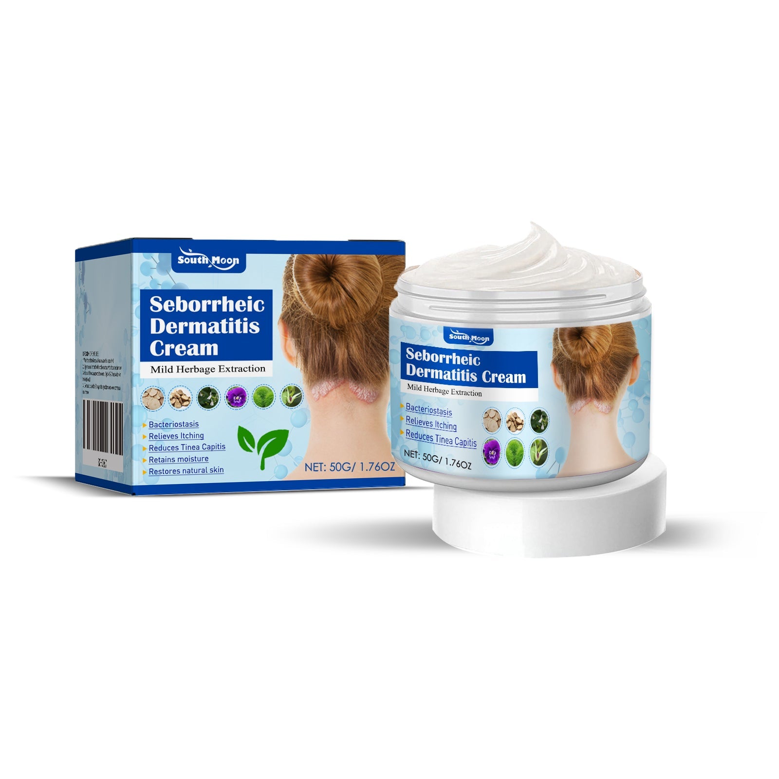 Product shot showing cream jar with white lid beside branded blue and light-blue box on white background