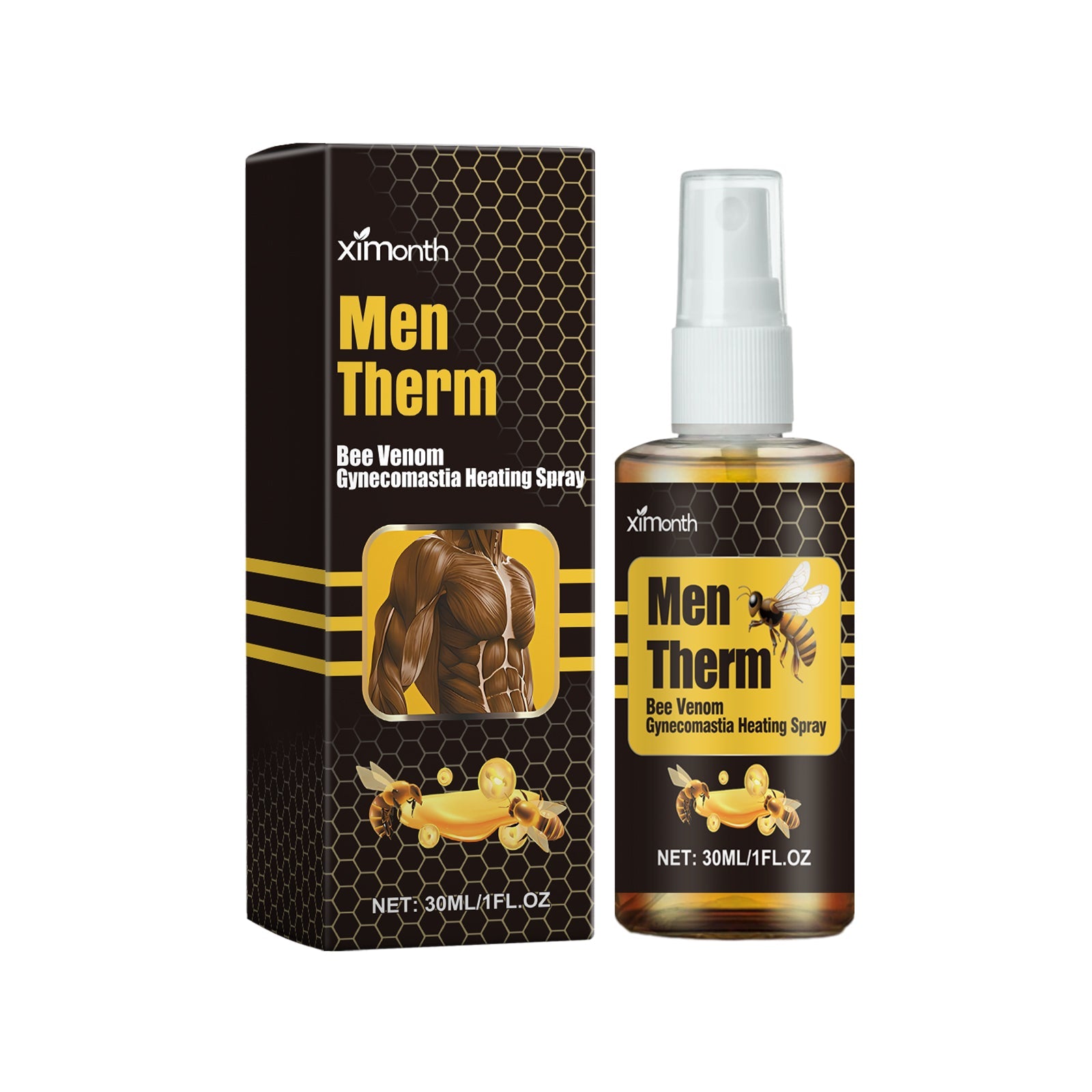 Shirtless male model displaying defined chest musculature with product and packaging on yellow background with molecular graphics