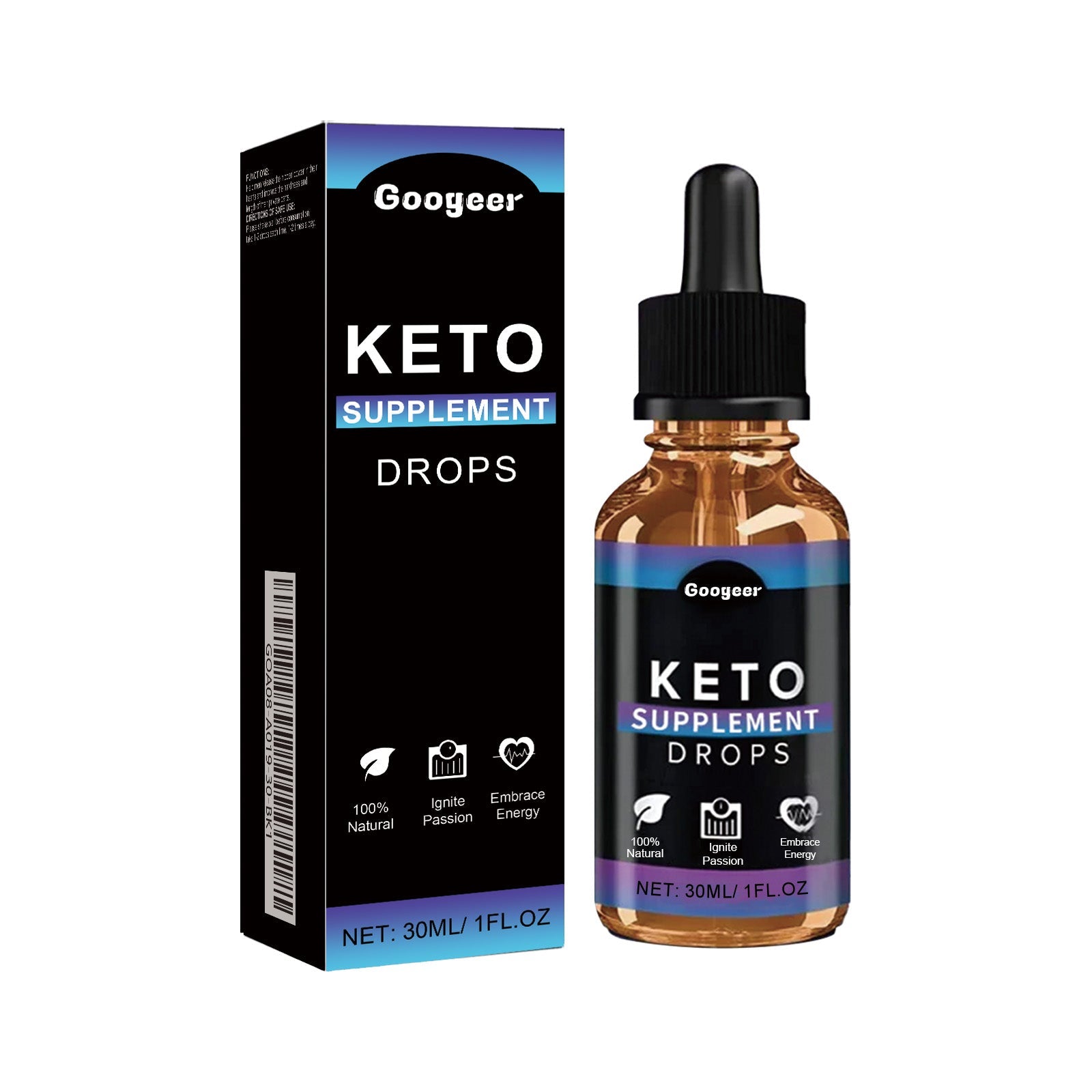 Googeer Keto Supplement Drops amber glass dropper bottle with black cap next to branded black and gradient box, 30ml size