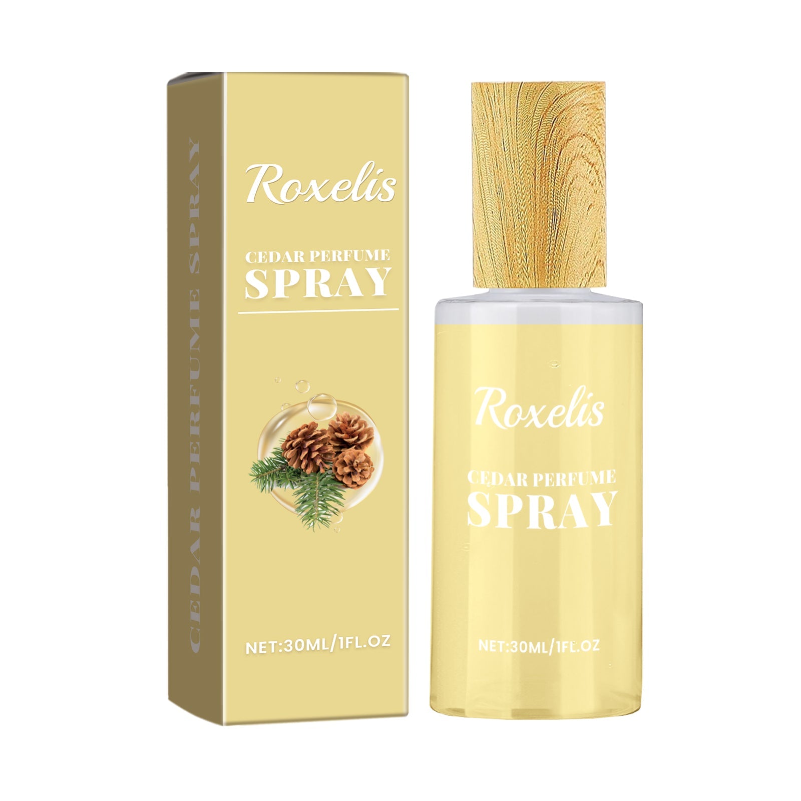 Roxelis Cedar Perfume Spray bottle and box side-by-side, pale yellow cylindrical glass bottle with wooden-grain textured spray cap and matching gold-hued packaging