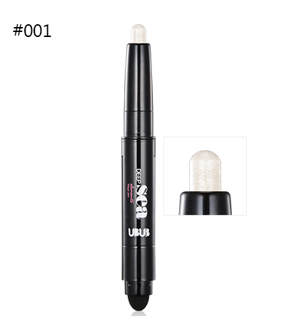 Single UBUB eye pencil in champagne shade with dual cushion tips exposed, shown at angle with inset detail view