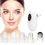 Before-and-after lifestyle featuring clear-skinned woman with product device shown with 5 interchangeable vacuum heads