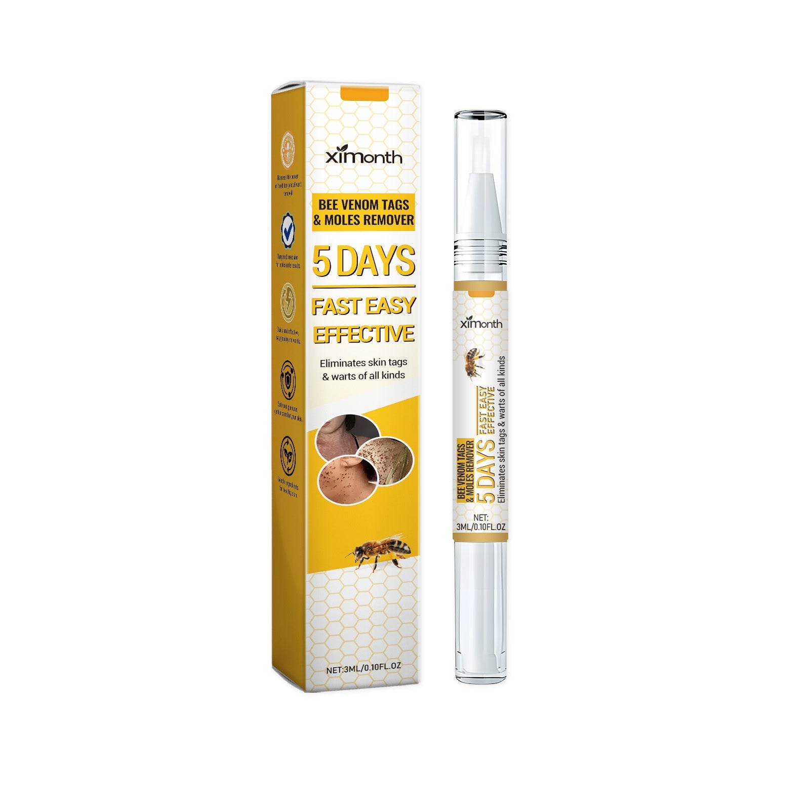 Product packaging box and liquid pen applicator displayed against white background showing yellow honeycomb design, bee imagery, and key claims