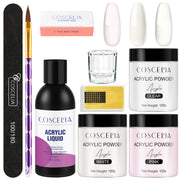 Complete COSCELIA acrylic nail kit laid flat showing all components