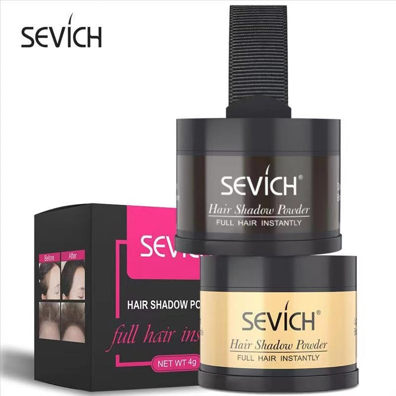 Sevich Hair Shadow Powder product display with two jars in black and gold packaging next to original product box with before/after imagery