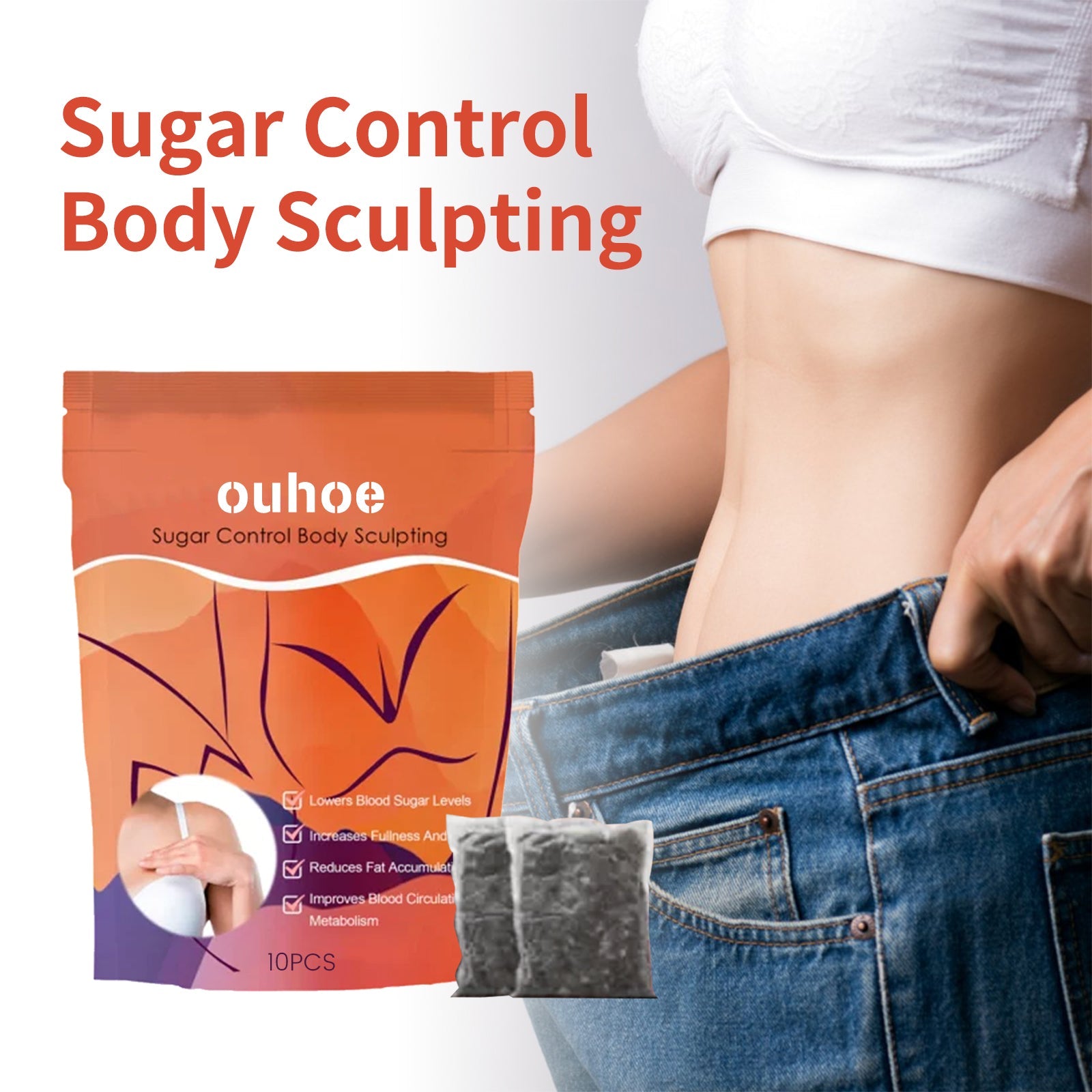 Woman in white crop top showing toned midsection next to Ouhoe Sugar Control packaging with 10PCS sachets and sample foot soak packet