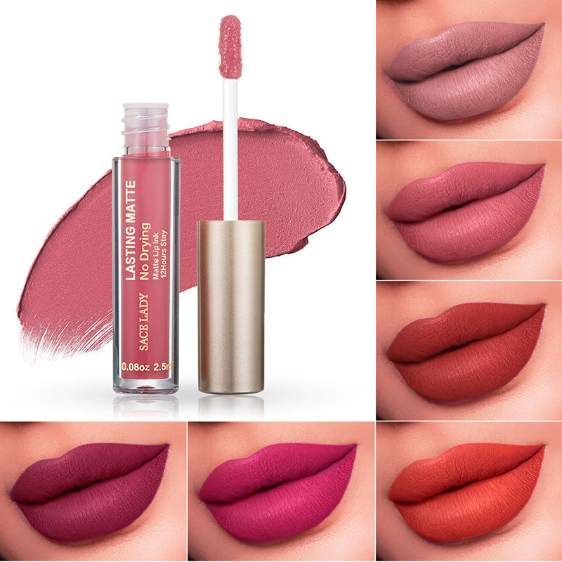 Product bottle with swatch and 6 lip swatches showcasing color range
