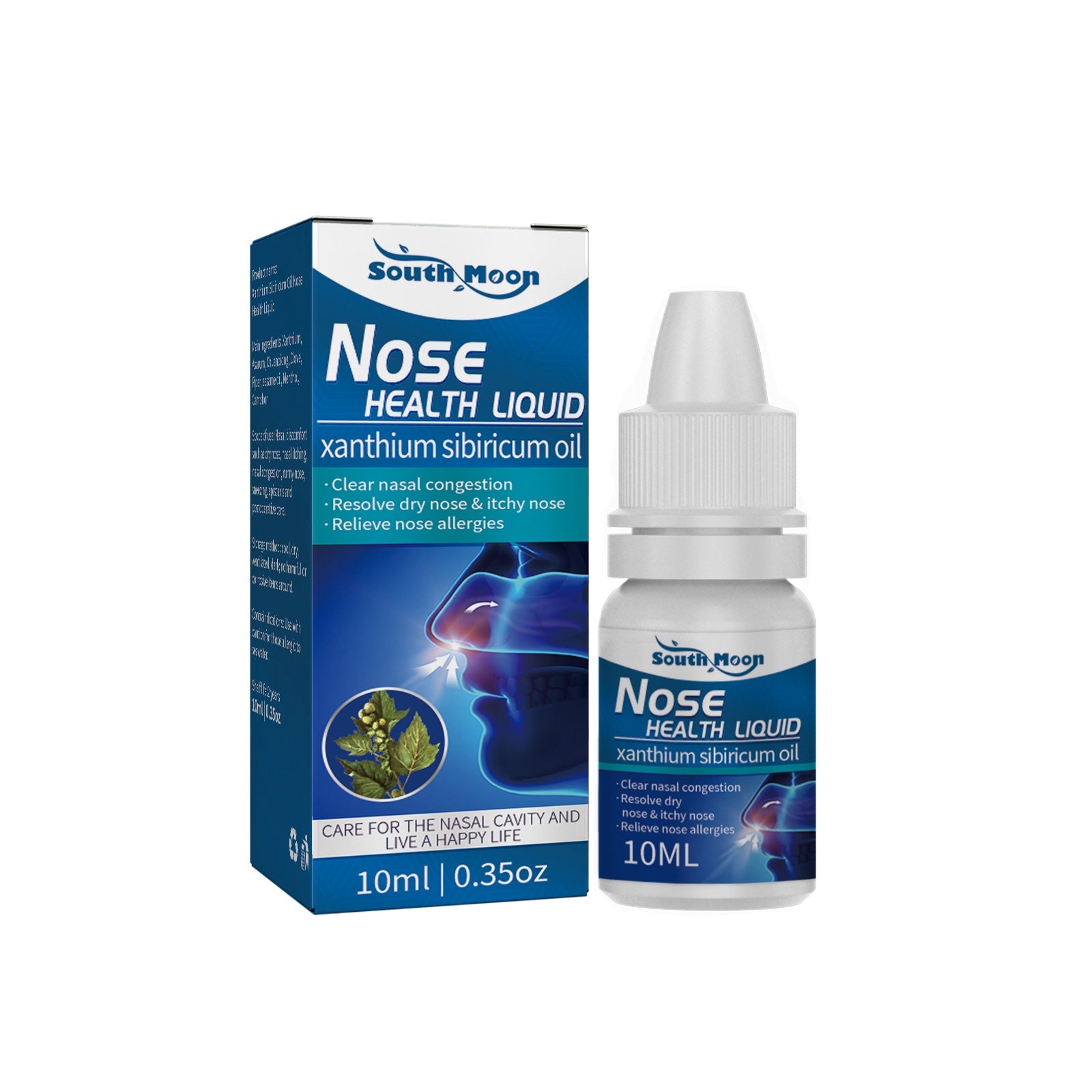 South Moon Nose Health Liquid bottle with packaging showing xanthium sibiricum oil formula in 10ml dropper bottle