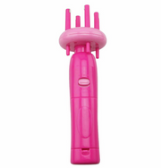 Hot pink automatic hair braider device shown upright on white background, displaying four pink spindle prongs on rotating disc head and ergonomic handle