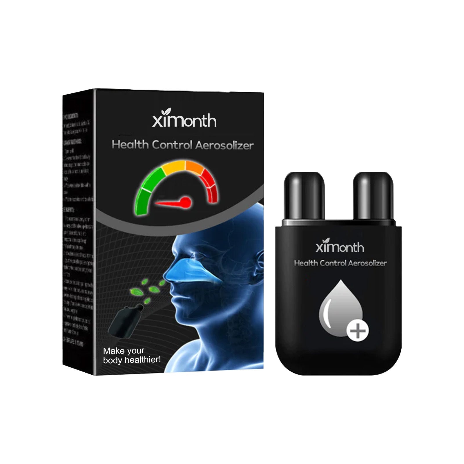 Ximonth Health Control Aerosolizer product with packaging box and dual-chamber black device showing health dashboard gauge